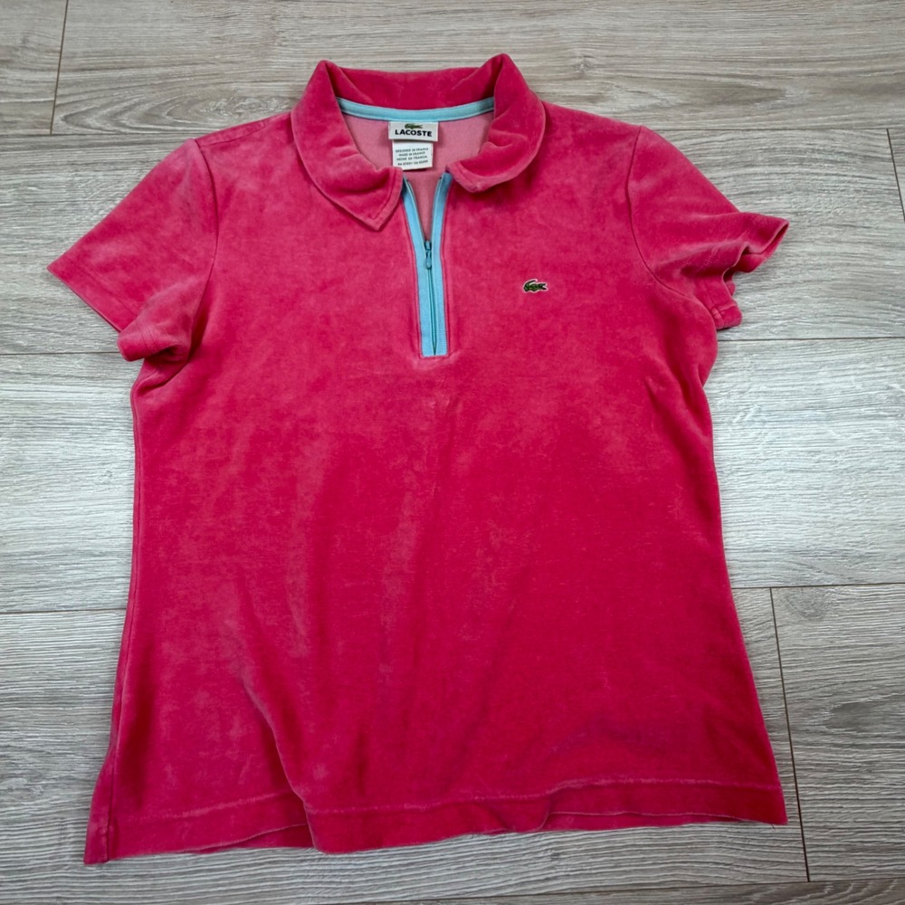 Vintage Y2K Lacoste Pink Velour Quarter Zip Polo‎ Shirt Size 40 M Made in France